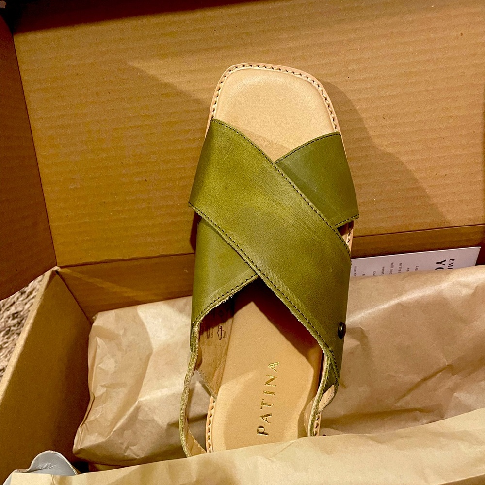 Green Portland Leather Patina criss cross sandals